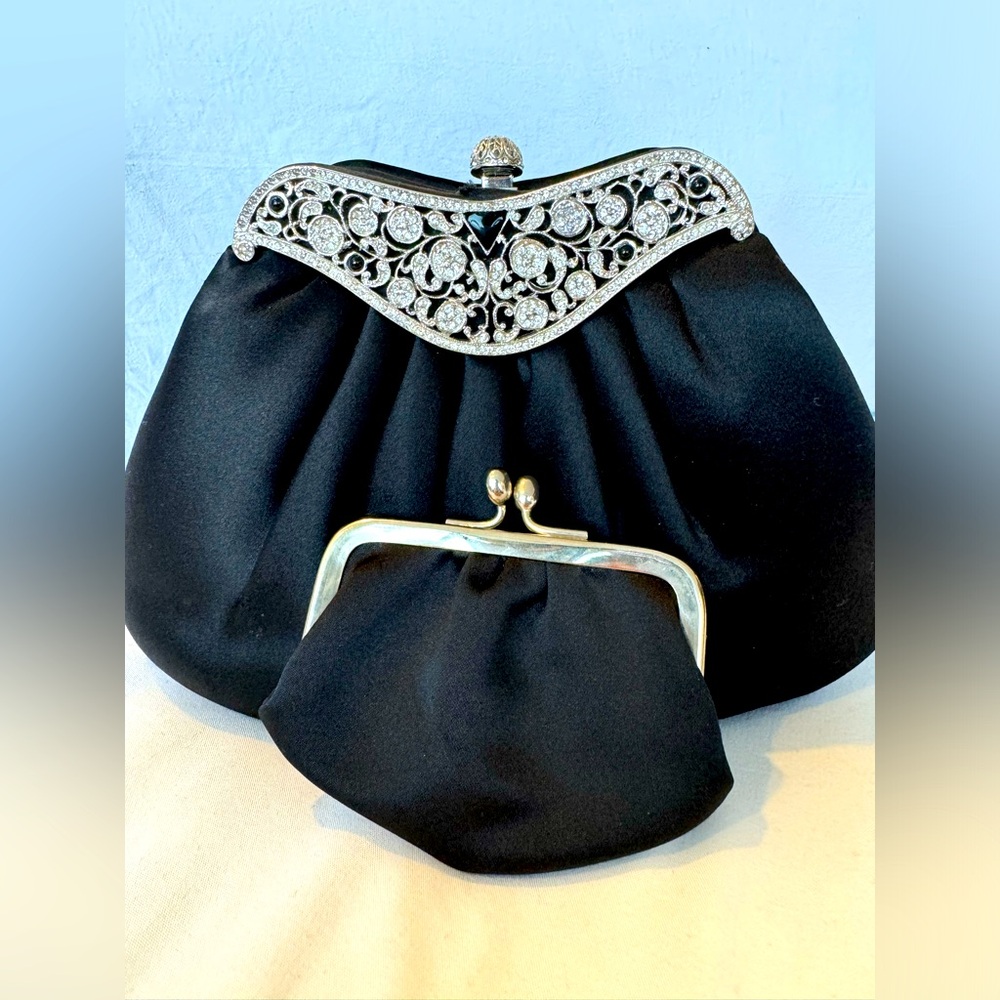 Elegant Judith Leiber Black Satin Evening Clutch Bag with Silver Clasp